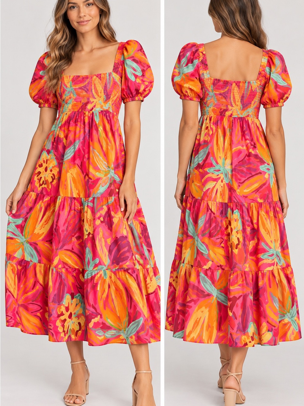 Floral Puff-Sleeve Midi Dress in Pink & Orange